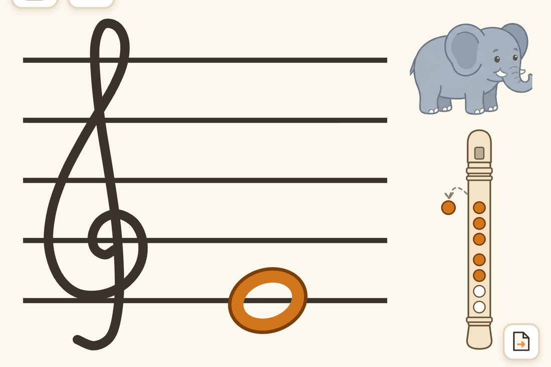 Die App zeigt denselben Ton: oranger Notenkopf, oranges Griffbild, derselbe Elefant
