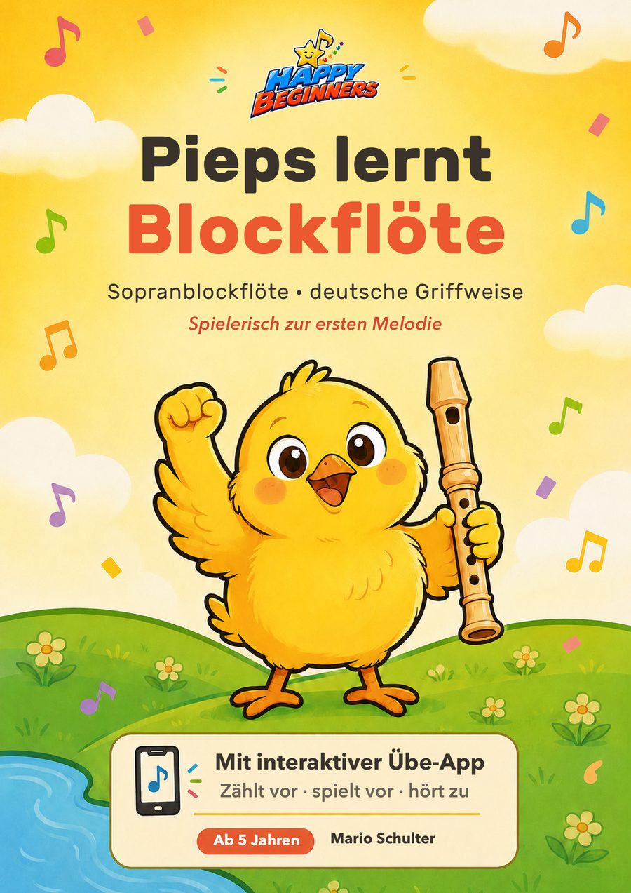 Buchcover: Pieps lernt Blockflöte — ein gelbes Küken mit einer Blockflöte auf einer grünen Wiese