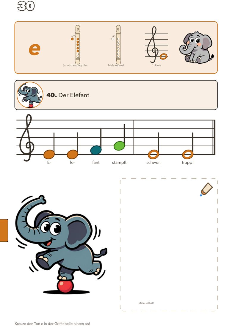 Buchseite zum Ton e: oranger Buchstabe, zwei Griffbilder, ein Elefant und ein Lied
