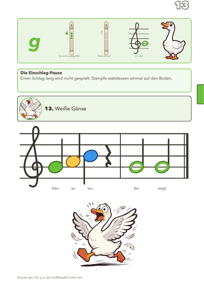 Liedseite mit farbigen Noten und einer Gans